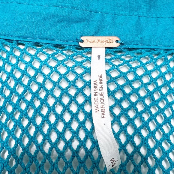 Free People Teal Blue Mesh Button Down Long Sleeve Sheer Cotton Top Size S/P - Picture 7 of 8